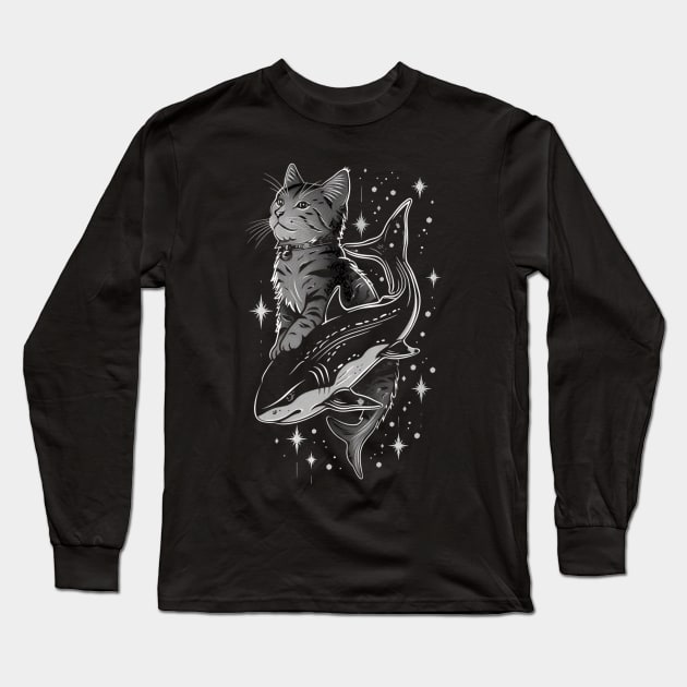 Cat Riding Shark Underwater Thrill Long Sleeve T-Shirt by BilodeauBlue